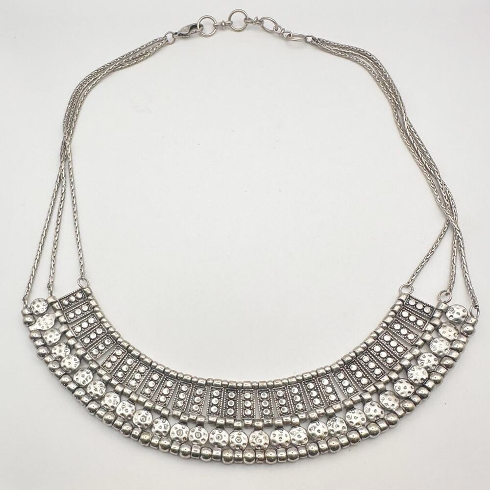 Lucky Brand Silver Bib Boho Necklace Bohemian Casual Statement Jewelry * flaw